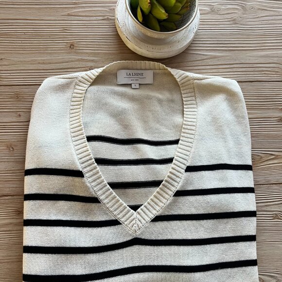 La Ligne Cashmere Silk Stripe Sweater – Black & Cream V-Neck, Size Large - Picture 2 of 4